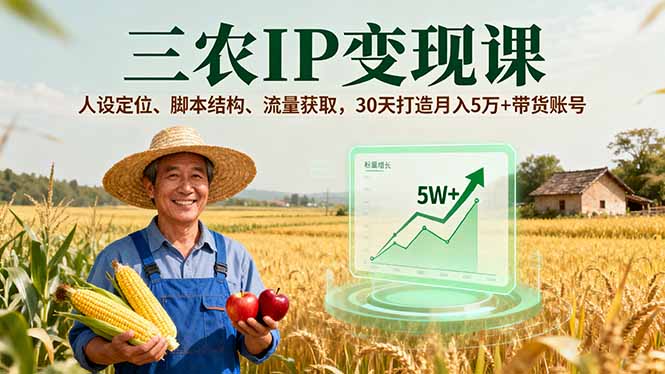 三农IP变现课，人设定位、脚本结构、流量获取，30天打造月入5万+带货账号网赚库-项目库-轻创网-中创网-福缘网-冒泡网-资源之家-魔方项目库网赚库