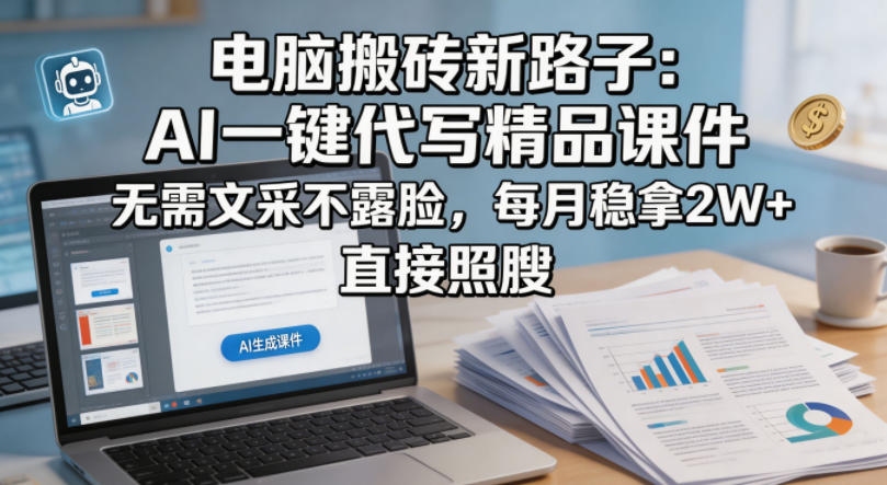 电脑搬砖新路子：AI一键代写精品课件，无需文采不露脸，每月稳拿2W+，直接照搬网赚库-项目库-轻创网-中创网-福缘网-冒泡网-资源之家-魔方项目库网赚库