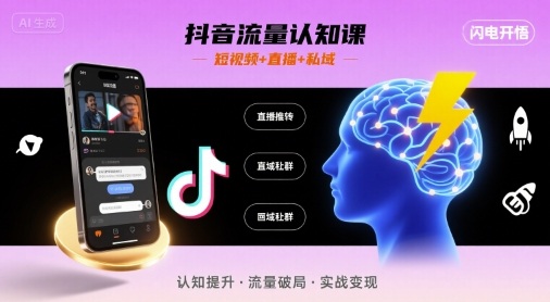 抖音流量认知课，短视频+直播+私域，认知提升，闪电开悟网赚库-项目库-轻创网-中创网-福缘网-冒泡网-资源之家-魔方项目库网赚库