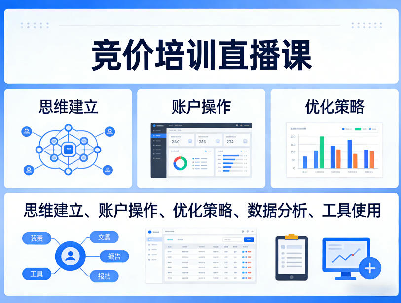 竞价培训直播课，覆盖思维建立、账户操作、优化策略、数据分析、工具使用等，全方位提升效果网赚库-项目库-轻创网-中创网-福缘网-冒泡网-资源之家-魔方项目库网赚库
