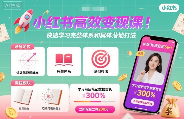 小红书高效变现课，快速学习小红书完整体系和具体落地打法网赚库-项目库-轻创网-中创网-福缘网-冒泡网-资源之家-魔方项目库网赚库
