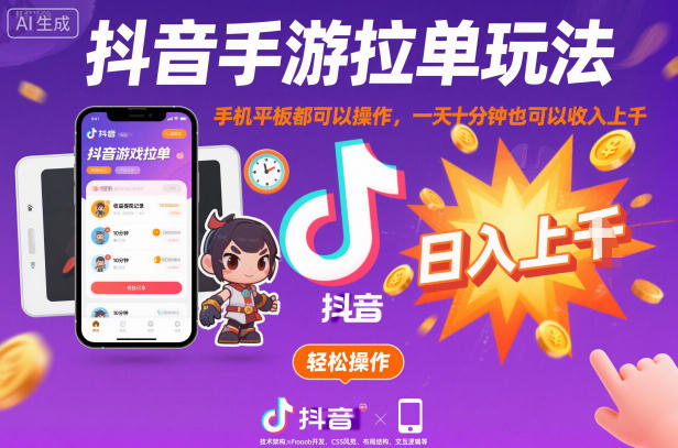 抖音手游拉单玩法，手机平板都可以操作，一天十分钟也可以收入上K【揭秘】网赚库-项目库-轻创网-中创网-福缘网-冒泡网-资源之家-魔方项目库网赚库