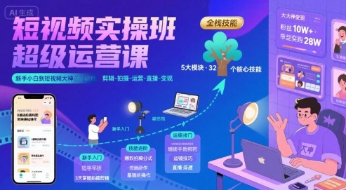 短视频实操班超级运营课，新手小白到短视频大神必修课程，剪辑-拍摄-运营-直播-变现网赚库-项目库-轻创网-中创网-福缘网-冒泡网-资源之家-魔方项目库网赚库