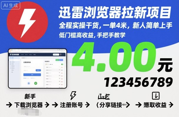 迅雷浏览器拉新项目，全程实操干货，一单4米，新人简单上手网赚库-项目库-轻创网-中创网-福缘网-冒泡网-资源之家-魔方项目库网赚库
