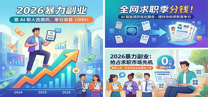 2026暴力副业：靠AI帮人改简历，单日收益1000+，全网求职季分钱网赚库-项目库-轻创网-中创网-福缘网-冒泡网-资源之家-魔方项目库网赚库