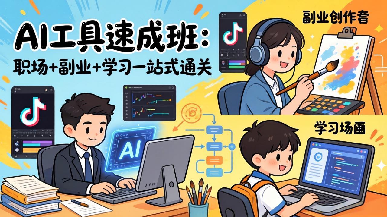 AI工具速成班：职场+副业+学习一站式通关，20+爆款类型+剪映技巧+抖音算法，0基础快速上手网赚库-项目库-轻创网-中创网-福缘网-冒泡网-资源之家-魔方项目库网赚库