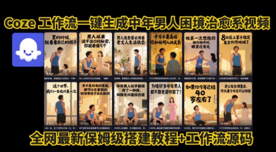 coze工作流一键生成”中年男人困境扎心高涨粉高播放量图文视频”保姆级拆解教程，无需剪辑，无需拍摄写文案网赚库-项目库-轻创网-中创网-福缘网-冒泡网-资源之家-魔方项目库网赚库