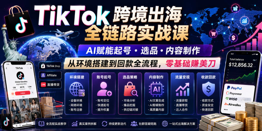 TikTok跨境出海全链路实战课，AI赋能起号・选品・内容制作，从环境搭建到回款全流程，零基础賺美刀网赚库-项目库-轻创网-中创网-福缘网-冒泡网-资源之家-魔方项目库网赚库