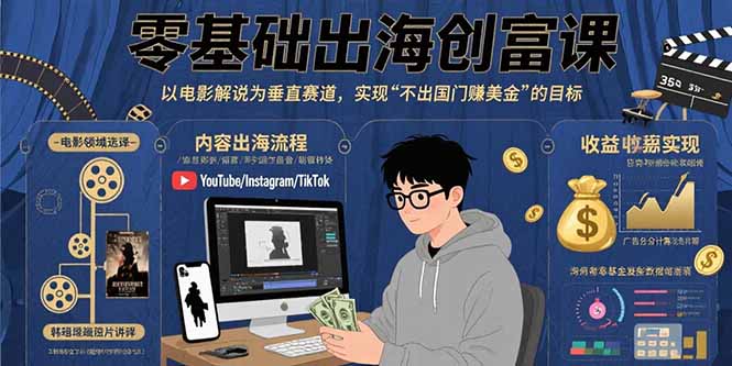 零基础出海创富课：以电影解说为垂直赛道，实现不出国门赚美金的目标网赚库-项目库-轻创网-中创网-福缘网-冒泡网-资源之家-魔方项目库网赚库