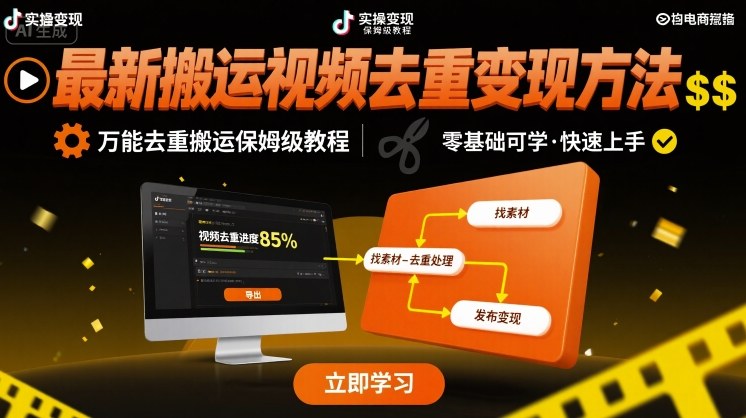 最新搬运视频去重变现方法，万能去重搬运保姆级教程网赚库-项目库-轻创网-中创网-福缘网-冒泡网-资源之家-魔方项目库网赚库