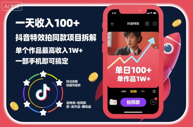一天收入100+，抖音特效拍同款项目拆解，单个作品最高收入1W+，一部手机即可搞定网赚库-项目库-轻创网-中创网-福缘网-冒泡网-资源之家-魔方项目库网赚库