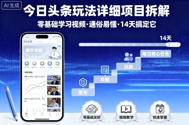 今日头条玩法详细项目拆解，零基础学习视频 通俗易懂 14天搞定它网赚库-项目库-轻创网-中创网-福缘网-冒泡网-资源之家-魔方项目库网赚库