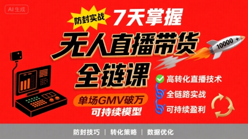 无人直播带货全链防封实战课，7天掌握高转化直播技术，实现单场GMV破万可持续模型网赚库-项目库-轻创网-中创网-福缘网-冒泡网-资源之家-魔方项目库网赚库