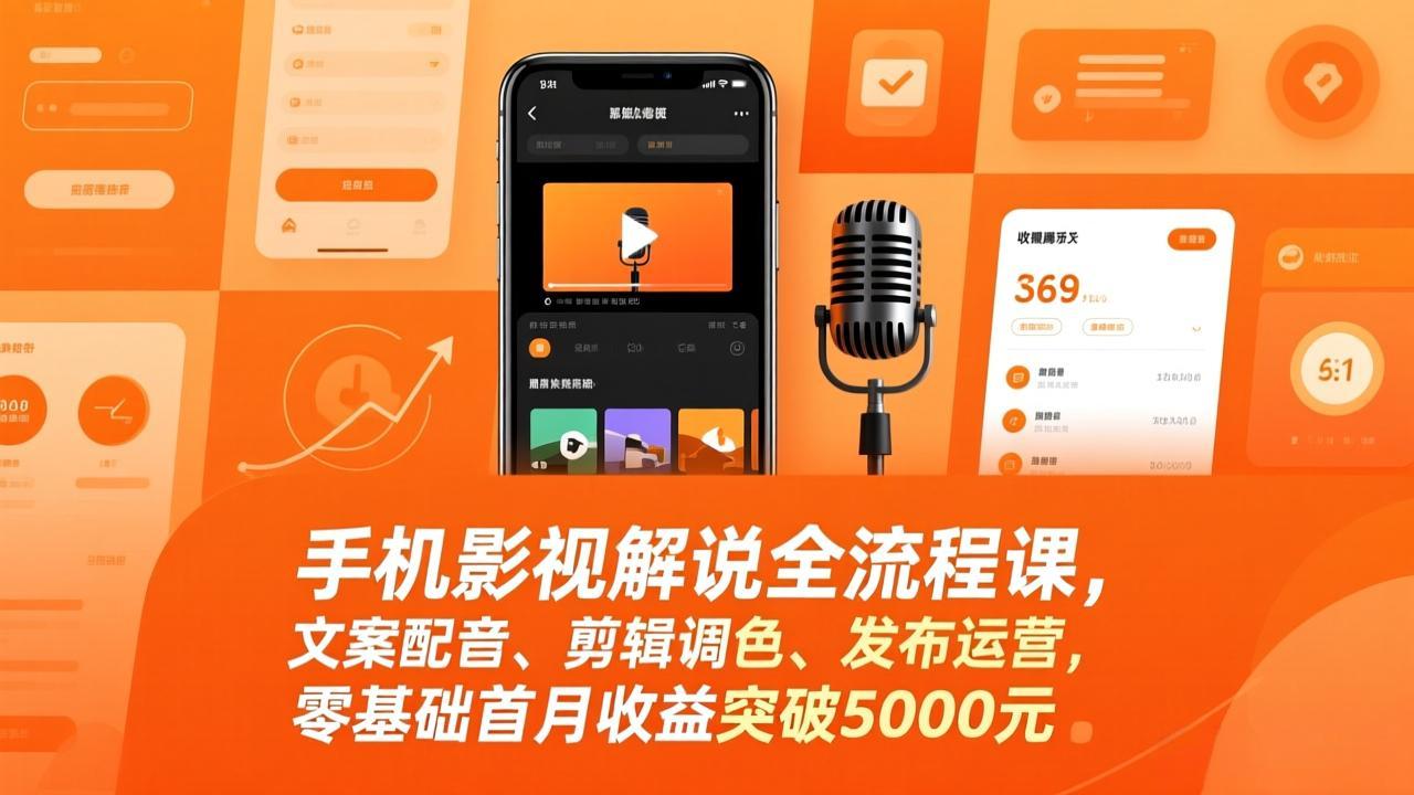 手机影视解说全流程课，文案配音、剪辑调色、发布运营，零基础首月收益突破5000元网赚库-项目库-轻创网-中创网-福缘网-冒泡网-资源之家-魔方项目库网赚库