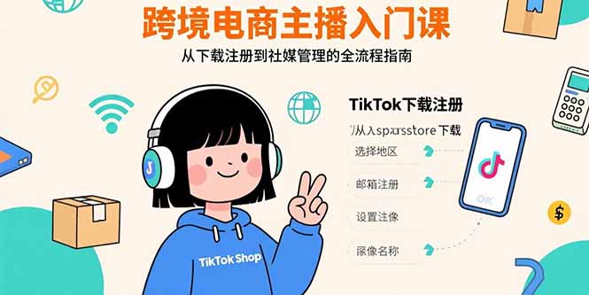 跨境电商主播入门课，TikTok下载注册，支付工具配置，社媒账号管理全流程网赚库-项目库-轻创网-中创网-福缘网-冒泡网-资源之家-魔方项目库网赚库