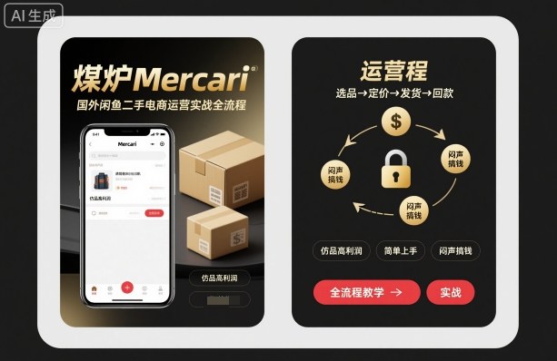 煤炉Mercari国外闲鱼二手电商运营实战全流程，仿品高利润，简单上手，闷声搞钱网赚库-项目库-轻创网-中创网-福缘网-冒泡网-资源之家-魔方项目库网赚库