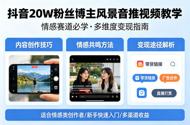 抖音20W粉丝博主风景音推视频教学,情感赛道必学,各种变现途径
