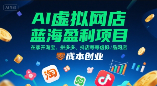 AI虚拟网店蓝海盈利项目，在家开淘宝、拼多多、抖店等虚拟品网店，零成本创业网赚库-项目库-轻创网-中创网-福缘网-冒泡网-资源之家-魔方项目库网赚库