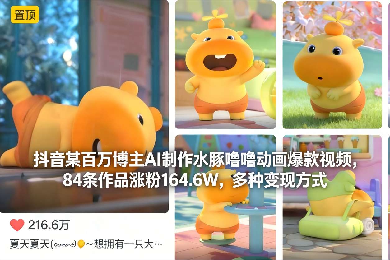 抖音某百万博主AI制作水豚噜噜动画爆款视频，84条作品涨粉164.6W，多种变现方式网赚库-项目库-轻创网-中创网-福缘网-冒泡网-资源之家-魔方项目库网赚库