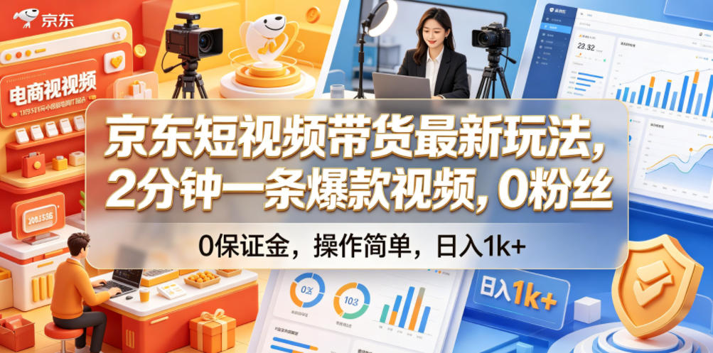 京东短视频带货最新玩法，2分钟一条爆款视频，0粉丝，0保证金，操作简单，日入1k+【揭秘】网赚库-项目库-轻创网-中创网-福缘网-冒泡网-资源之家-魔方项目库网赚库