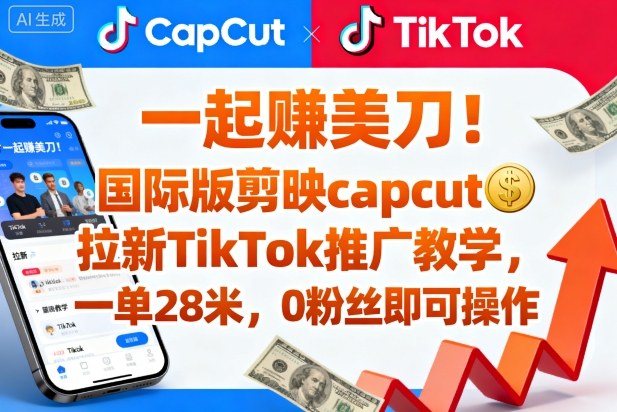 一起賺美刀！国际版剪映capcut拉新TikTok推广教学，一单28米，0粉丝即可操作(附推广入口和教学)网赚库-项目库-轻创网-中创网-福缘网-冒泡网-资源之家-魔方项目库网赚库