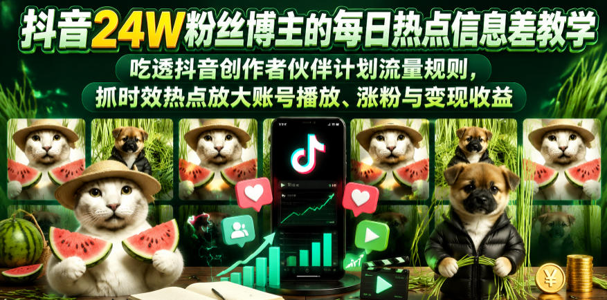 抖音24W粉丝博主的每日热点信息差教学，吃透创作者伙伴计划流量规则，抓时效热点放大账号播放、涨粉与变现收益网赚库-项目库-轻创网-中创网-福缘网-冒泡网-资源之家-魔方项目库网赚库
